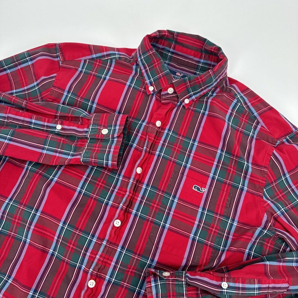 Mens Large Vineyard Vines Classic Fit Tuker plaid Christmas button down shirt